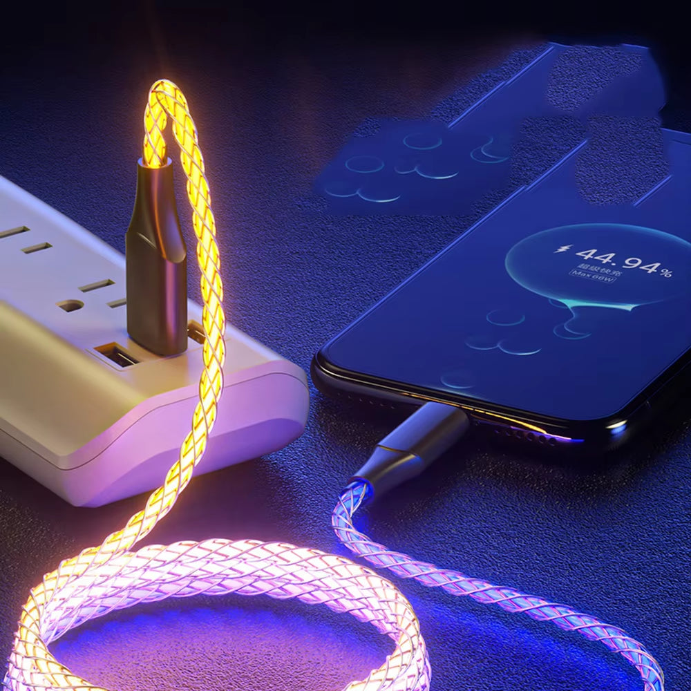 RGB Cable Fast Charging Breathing Light 66W Data Cable Type-C USB Cable for Iphone 100W Quick Charge for HUAWEI Xiaomi