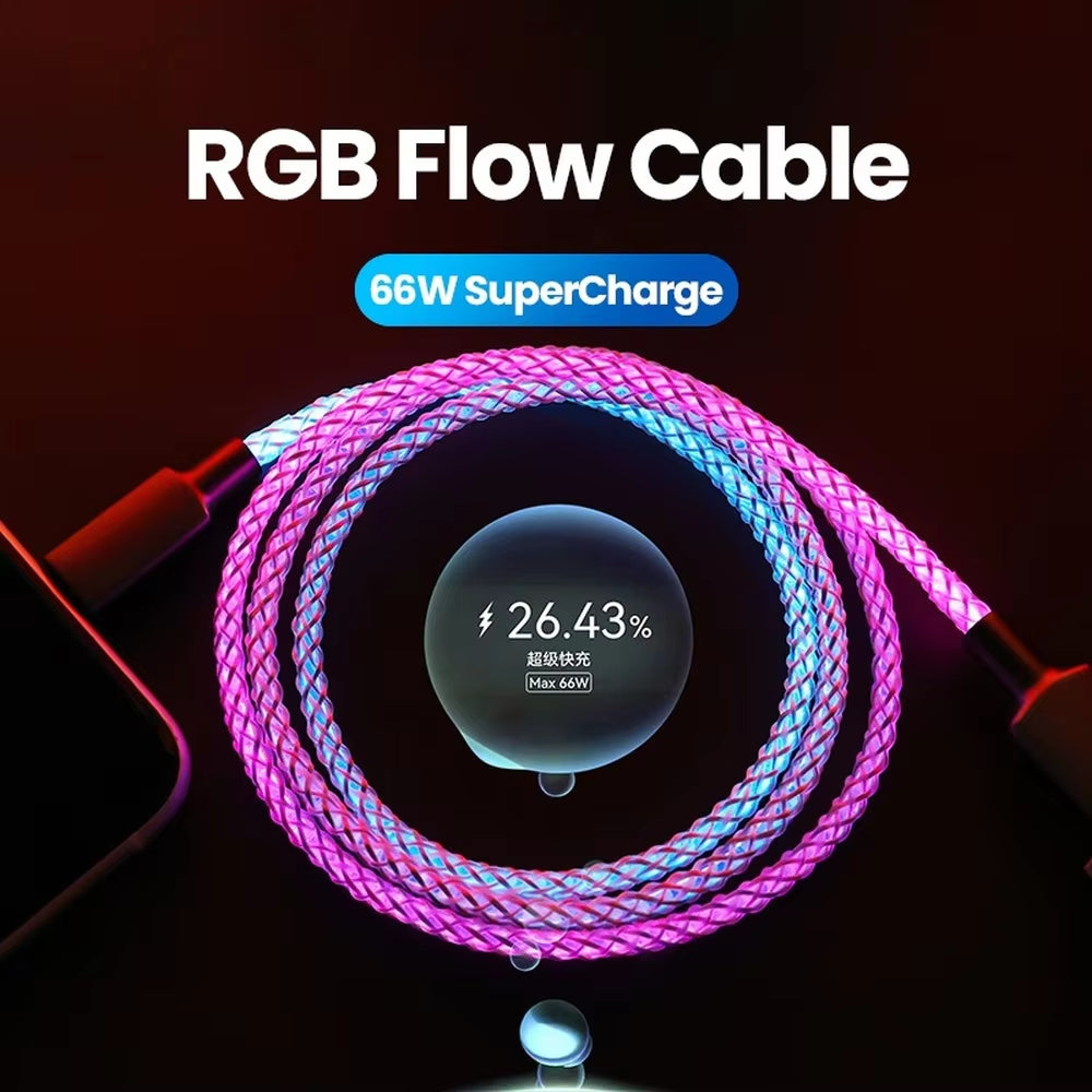 RGB Cable Fast Charging Breathing Light 66W Data Cable Type-C USB Cable for Iphone 100W Quick Charge for HUAWEI Xiaomi