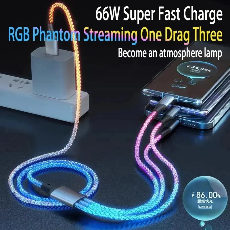 6A Super Fast Charging Colorful Light Data Cable a Drag Three RGB Breathing Gradient Car Charging Cable USB 3 in 1 Universal