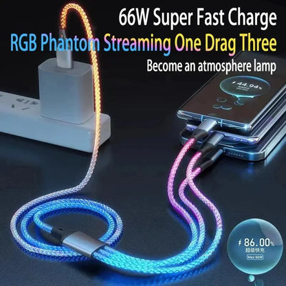 6A Super Fast Charging Colorful Light Data Cable a Drag Three RGB Breathing Gradient Car Charging Cable USB 3 in 1 Universal