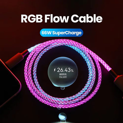 RGB Cable Fast Charging Breathing Light 66W Data Cable Type-C USB Cable for Iphone 100W Quick Charge for HUAWEI Xiaomi
